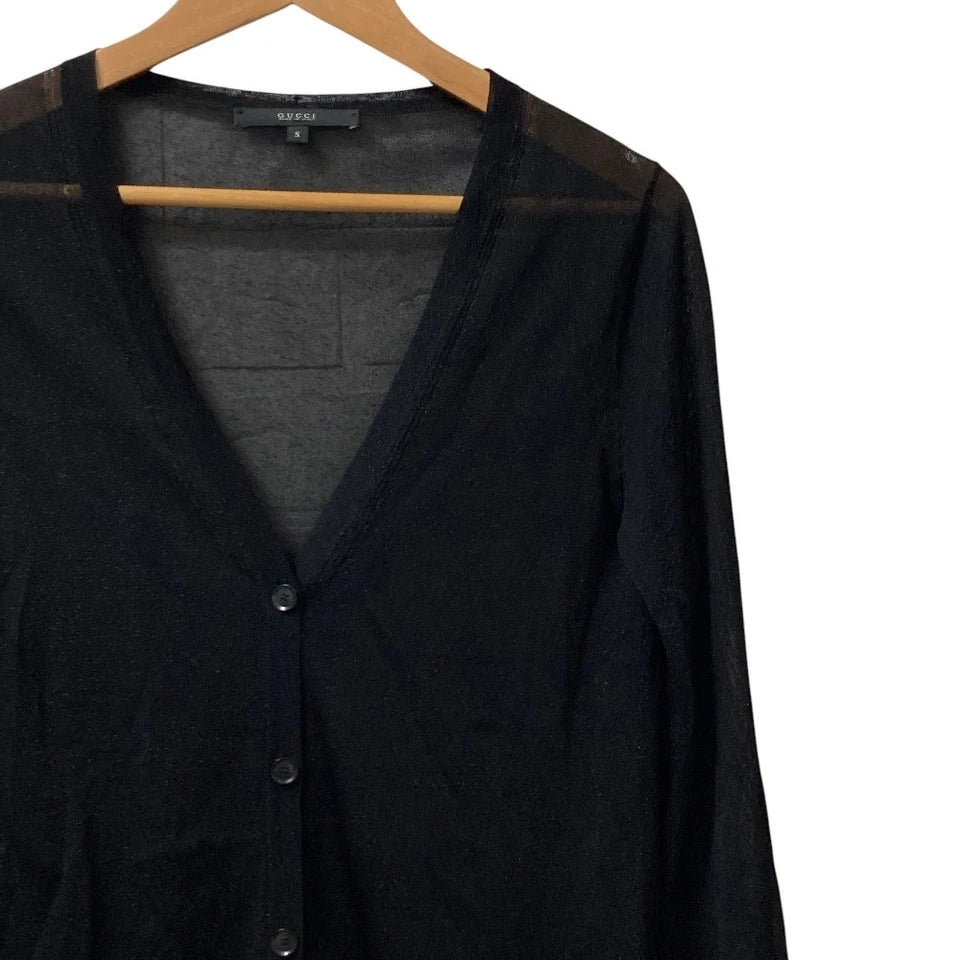GUCCI ITALY. Black semi-sheer knit cardigan