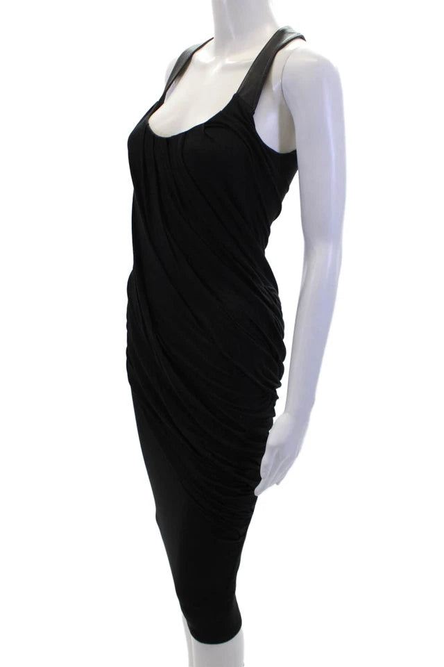 Donna Karan NY. Black Sleeveless Viscose/Rayon Blend Leather Trim Rouched Mini Dress