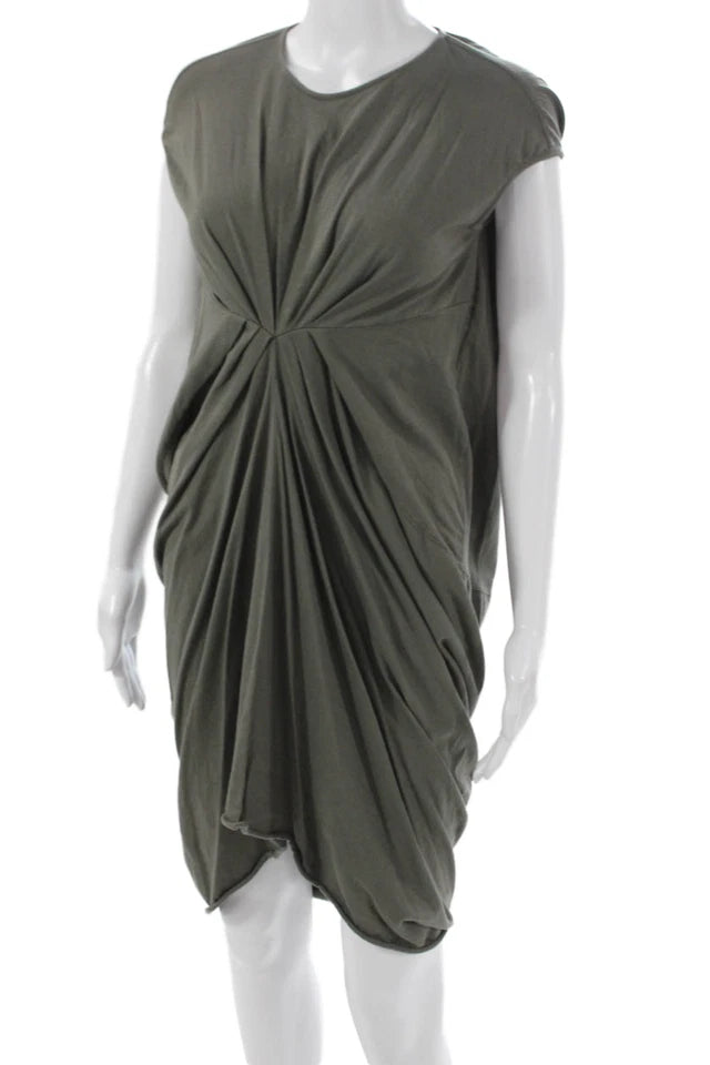 Rick Owens Paris. Lilies Green Cotton Short Sleeve Ruched Dress