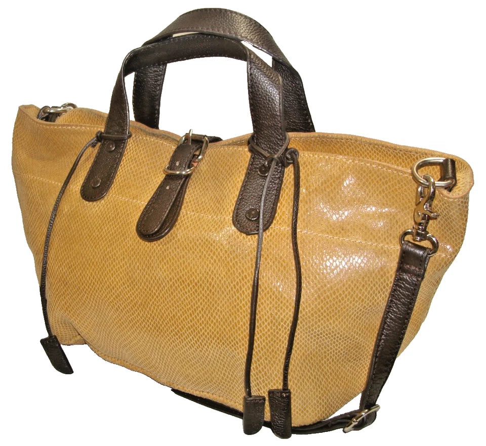 Marni ITALY. Light Brown Snake Embossed Leather Dk Brown Handles Satchel Shoulder Bag