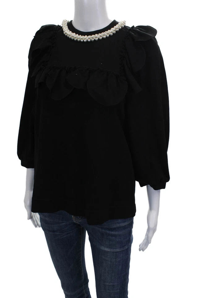 Simone Rocha London. Black Viscose Embellished Collar Round Neck 3/4 Sleeve Button Blouse