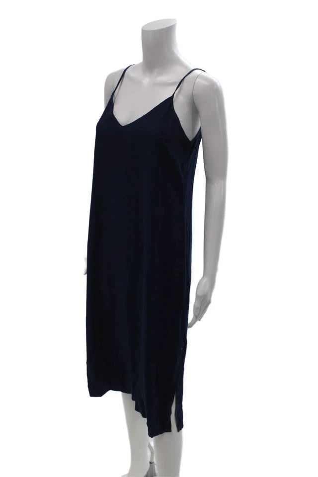 Splendid Japan. Dark Blue V Neck Sleeveless Viscose Full Length Slip Dress
