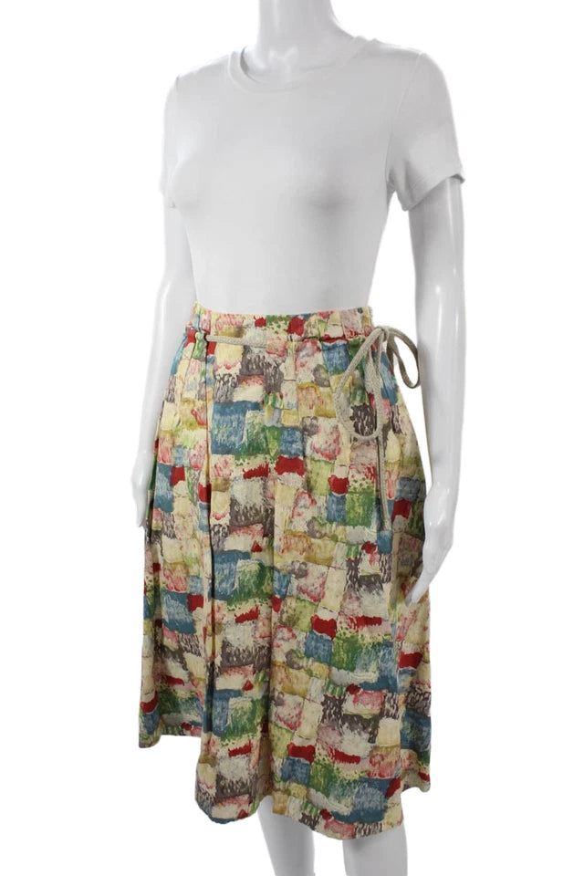 Marni Italy. Pleated Multicolor Geometric Cotton Long Skirt