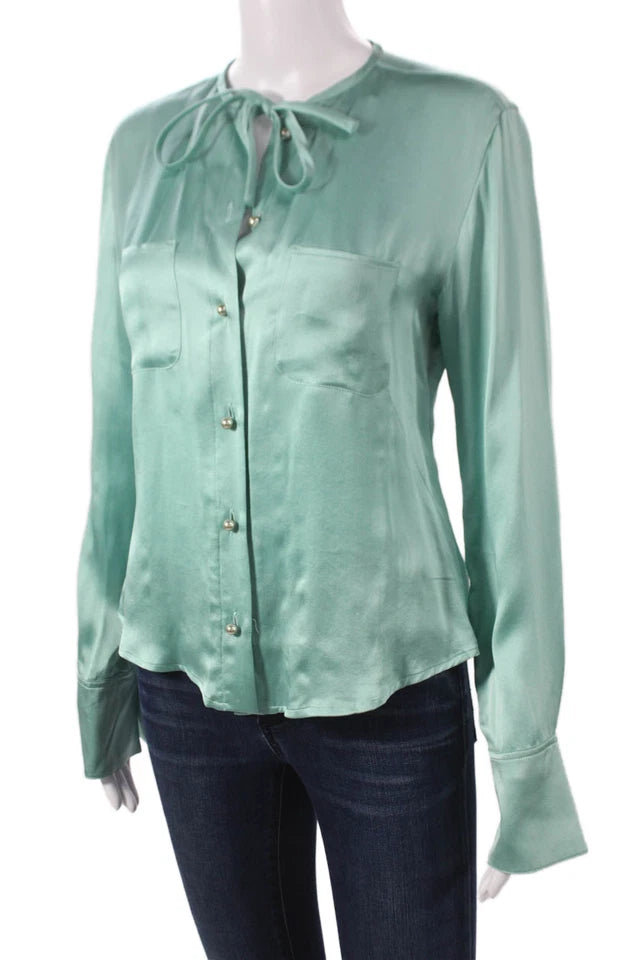 Max Mara Italy. Green Silk Round Neck Button Long Sleeve Basic Blouse