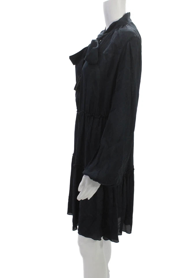 CHLOE PARIS. See by Chloe. Black Mini Silk High Neck Tie Long Sleeve Dress
