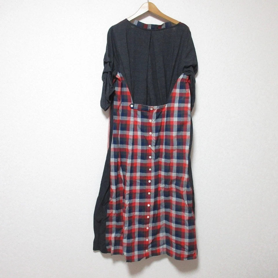 AS KNOW ANY WEAR JAPAN. Red/Grey Plaid Pattern Long Sleeve Dress