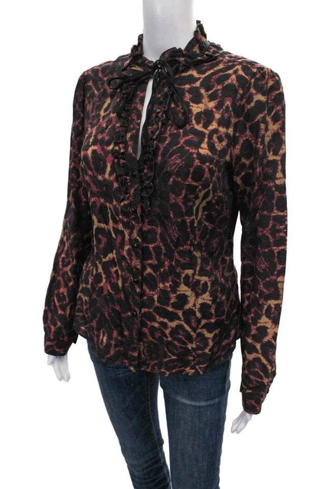 DONNA KARAN DKNY Jeans NY. Multi-Color  Animal Print Collared Long Sleeve Blouse