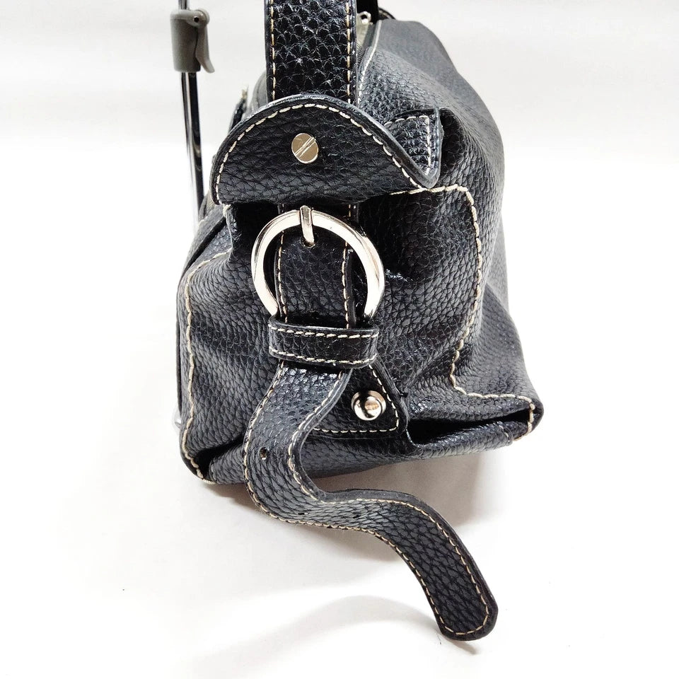 FERRAGAMO ITALY. Black Pebbled Leather Long Strap Shoulder Bag