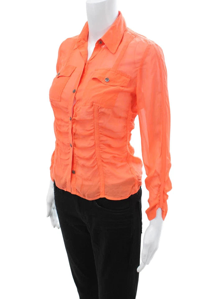 DKNY New York. Silk Orange Button-Up Blouse Collared Long Sleeve Top