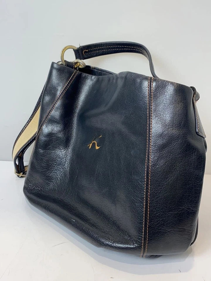 Kitamura Japan. Black Pebbled Leather Shoulder Bag w/Long Attachable Strap
