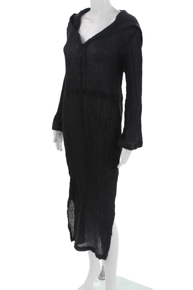 Solid & Striped NY. Black Cotton Kaftan Long Sleeve Cotton Tie Maxi Dress