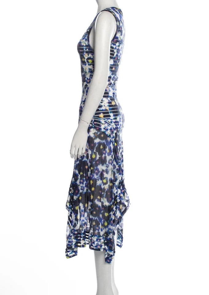 Jean Paul Gaultier Paris. FUZZI . Floral Striped Blue Mesh Asymmetric Hem Midi Dress