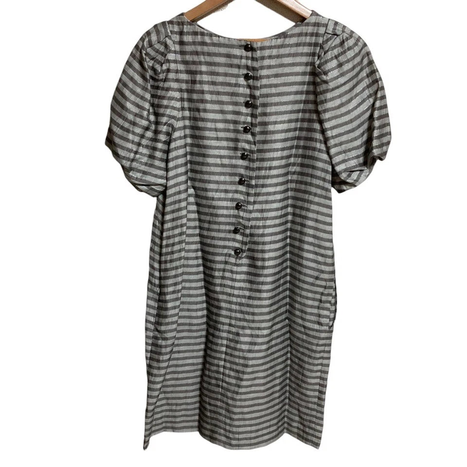 ADORE JAPAN. Grey Puff Sleeve Striped Linen Dress
